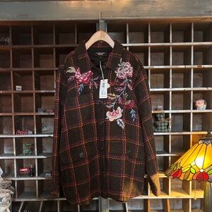 Johnny Was Black Plaid Blazer with Floral Embroidery NWT